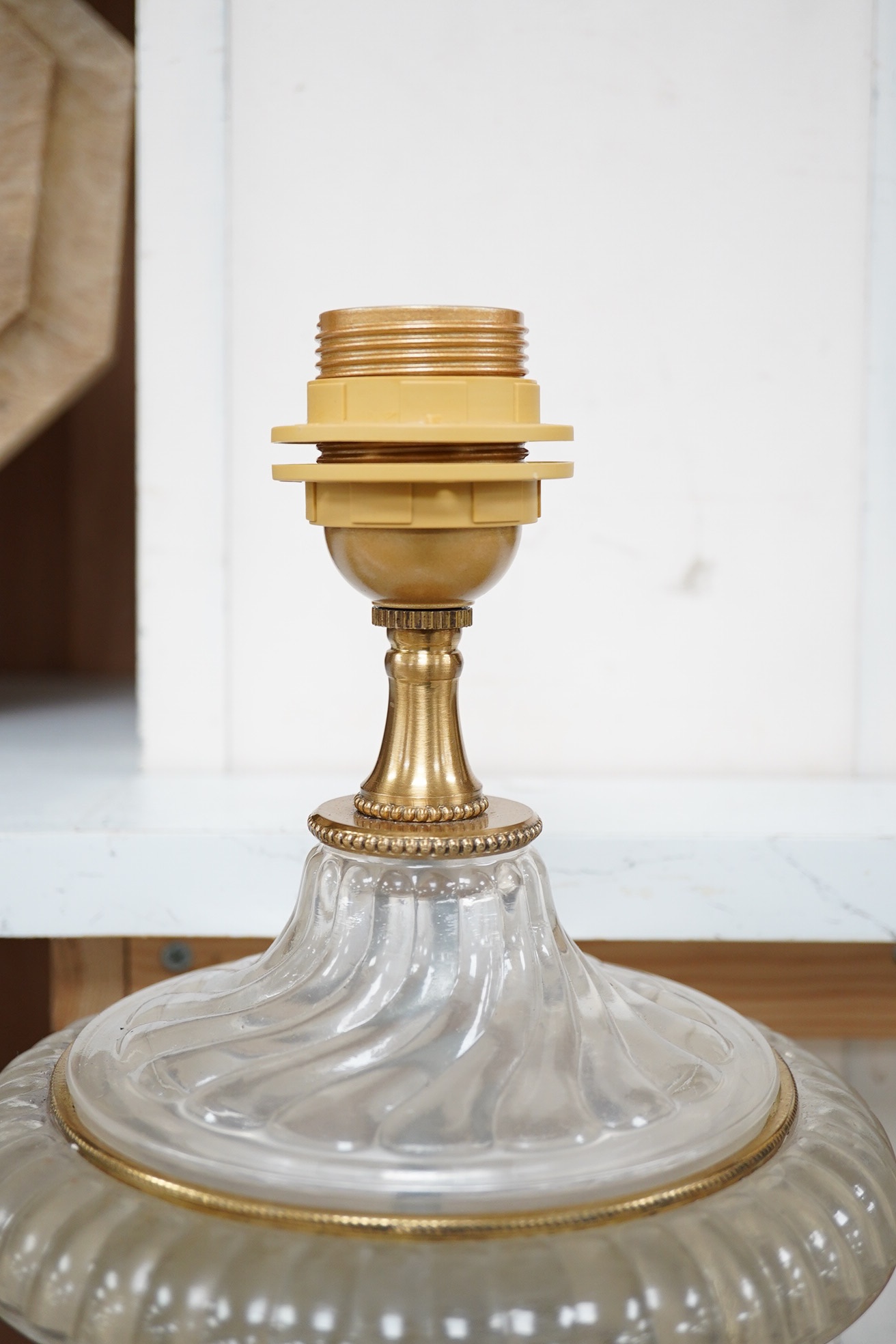 A pair of Italian glass on marble base table lamps with fabric shades, circa 1960's, wired, 75cm high to top of shade, base 15cm. Condition - good